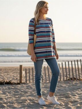 Striped Multicolored Summer Top with Three Quarter Sleeves   ~  size XS/SM